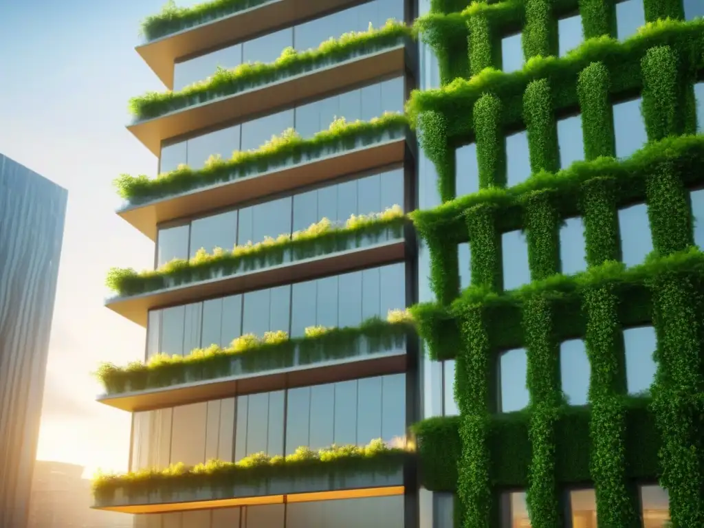 Fachada urbana cubierta por jardines verticales exuberantes en 8k Fachada urbana cubierta de exuberantes jardines verticales, fusionando naturaleza y arquitectura