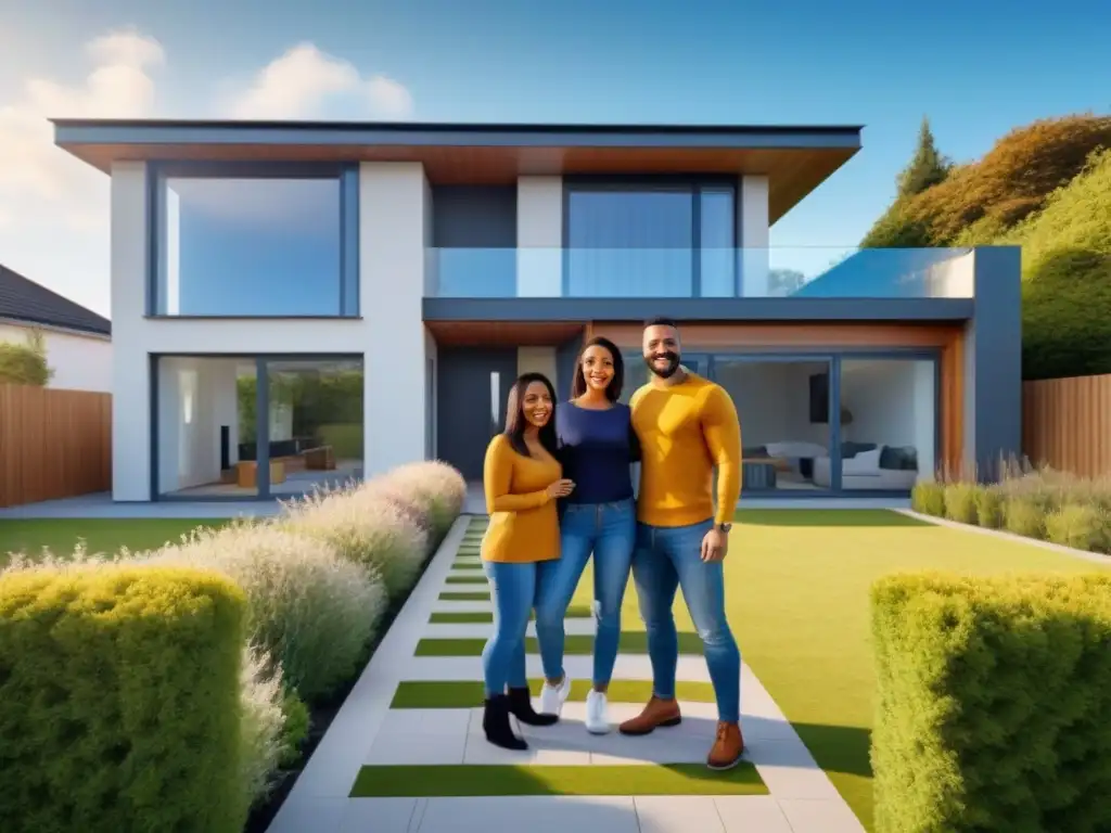 Familia feliz en casa moderna y segura Una familia feliz frente a su hogar protegido, transmitiendo seguridad y alegría