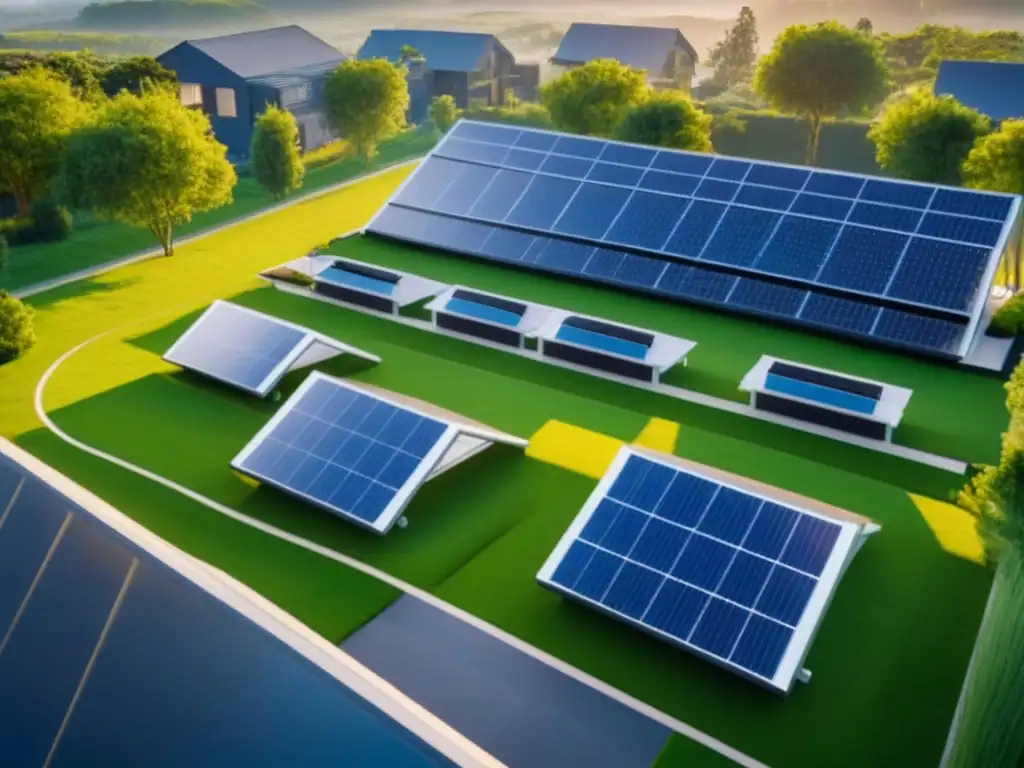 Familias felices disfrutan de un desarrollo sostenible con paneles solares y áreas verdes