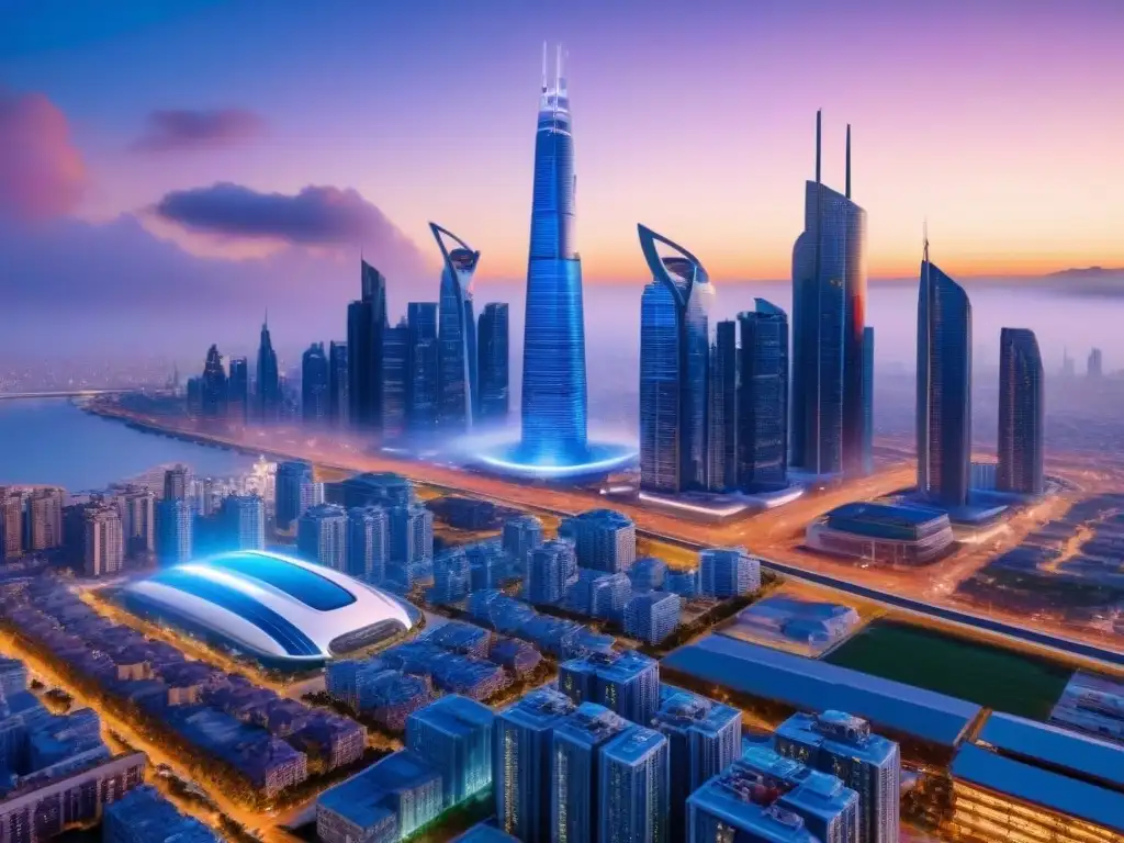 Horizonte urbano futurista: luces vibrantes y tecnología avanzada Fascinante ciudad futurista al atardecer, con rascacielos modernos iluminados por luces coloridas y autos voladores