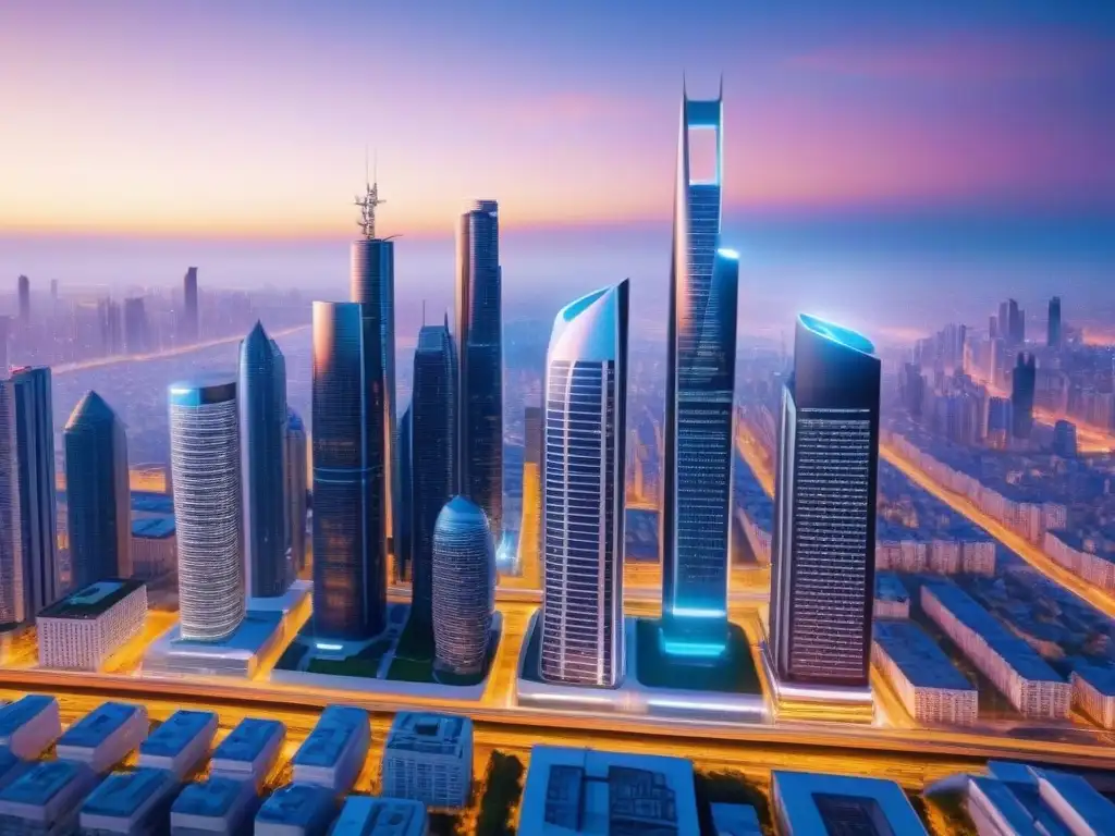 Metrópolis futurista: ciudad inteligente con IA y tecnología avanzada Fascinante ciudad futurista con IA en búsqueda inmobiliaria