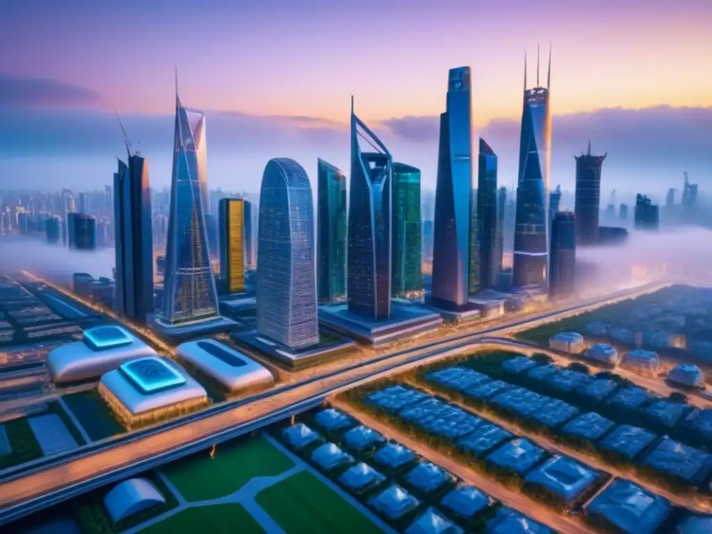 Horizonte futurista: Ciudad innovadora en 8k Fascinante ciudad futurista al anochecer con innovaciones tecnológicas en subastas inmobiliarias