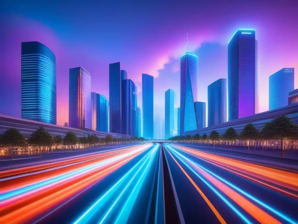 Metrópolis futurista: luces neón y hologramas en la era digital Fascinante ciudad futurista al anochecer con rascacielos iluminados y hologramas, reflejando la protección datos transacciones inmobiliarias