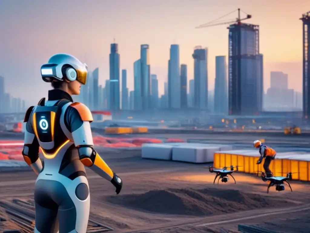Construcción futurista: robots y humanos trabajando juntos en smart city Fascinante escena futurista de 'Inteligencia artificial en construcción', donde robots y humanos colaboran en un innovador sitio de construcción