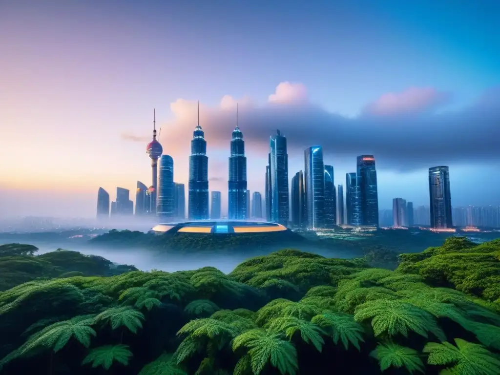 Horizonte futurista con blockchain en rascacielos Fascinante skyline futurista con patrones blockchain en edificios, fusionando tecnología y diseño sustentable