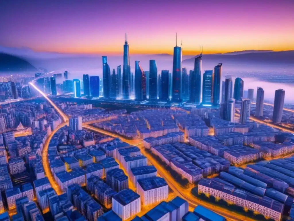 Skyline futurista con edificios blockchain iluminados Fascinante skyline futurista con tecnología blockchain financiamiento inmobiliario