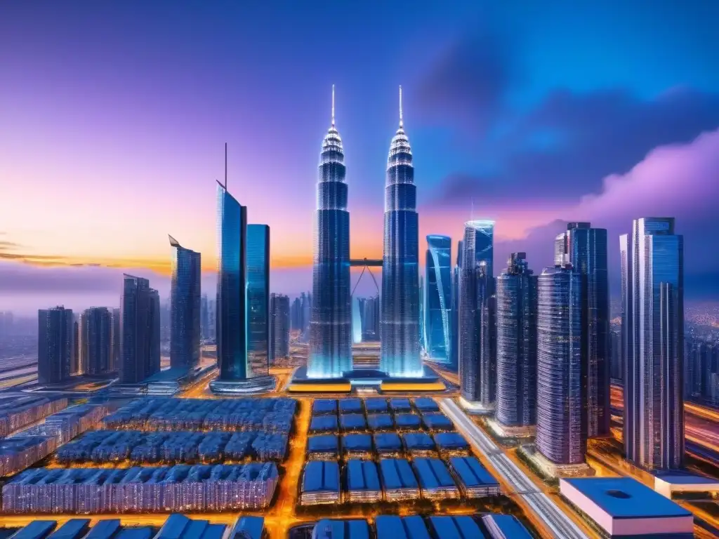 Metrópolis futurista: luces neón y rascacielos innovadores Invertir en financiamiento colectivo inmobiliario: Ciudad futurista con rascacielos iluminados por luces de neón al anochecer