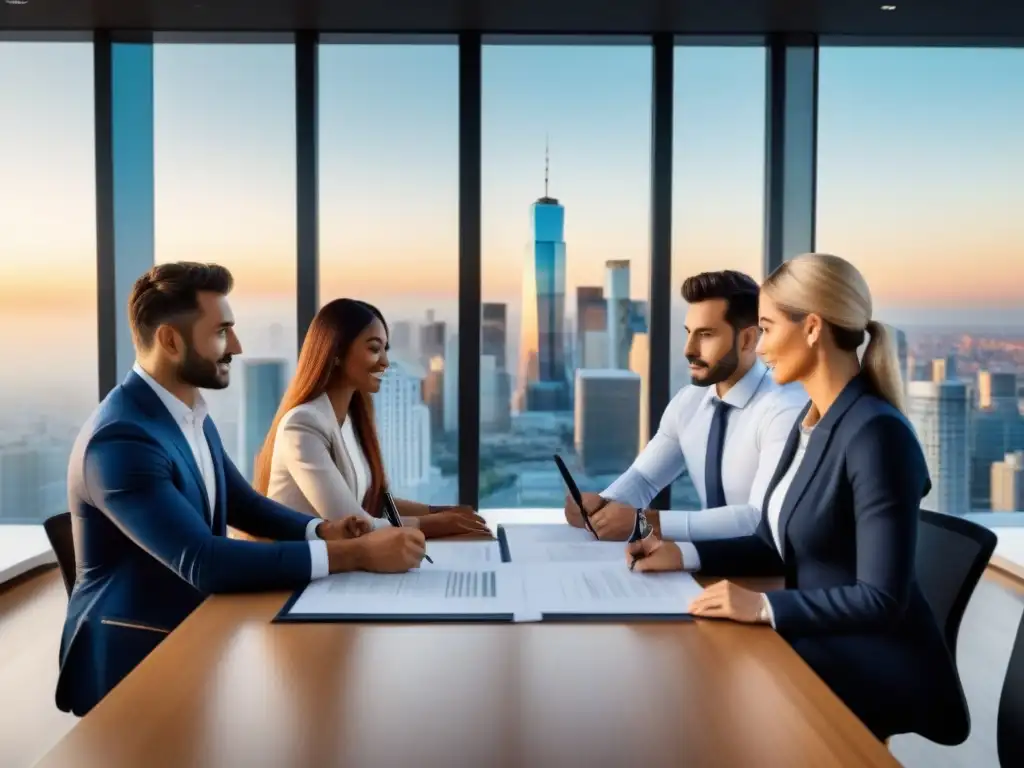 Contratos de venta de propiedades: diversidad y éxito en oficina moderna Firma de contratos de venta de propiedades con agentes inmobiliarios en moderna oficina