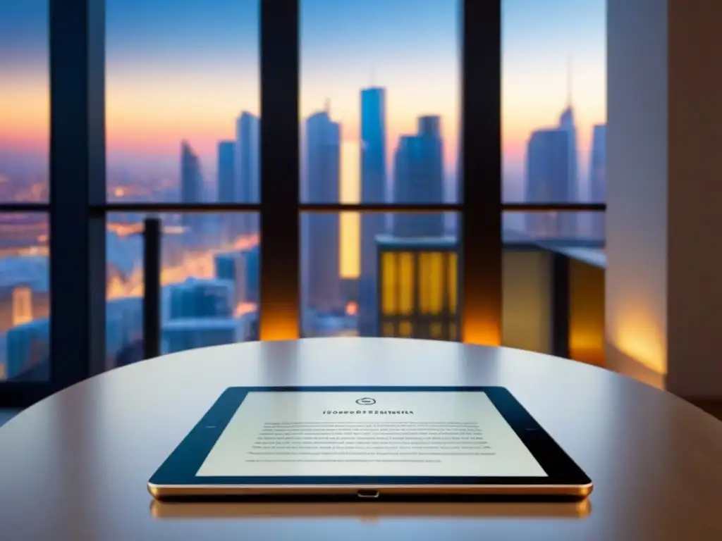 Contrato digital firmado con estilo en penthouse de lujo Firma digital elegante en tablet con vista a penthouse