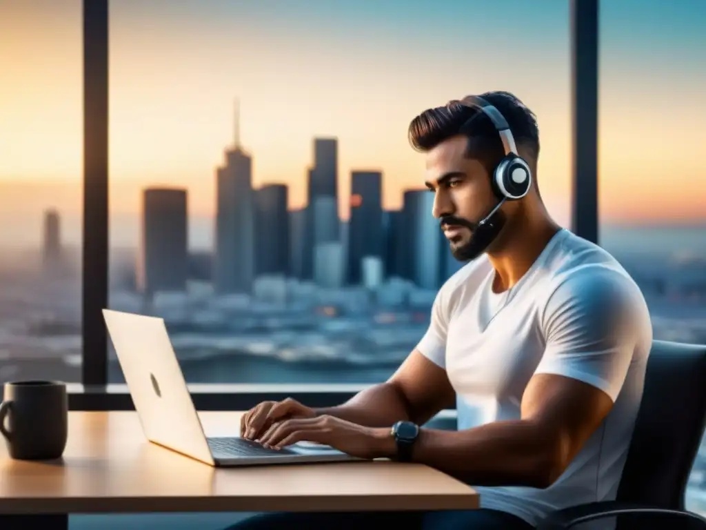 Freelancer profesional trabajando en laptop con vista urbana Un freelancer concentrado trabaja en su laptop en un escritorio minimalista con la ciudad de fondo, creando un ambiente profesional