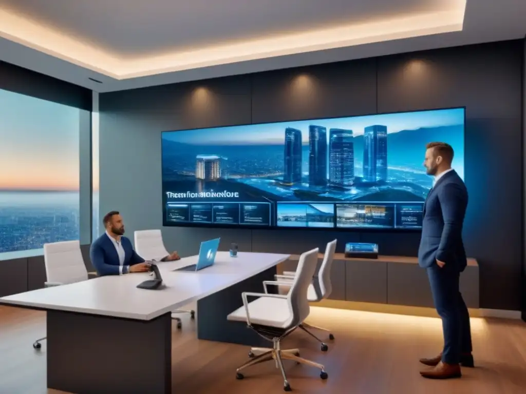 Futurista agencia inmobiliaria con robots asistentes y tecnología avanzada