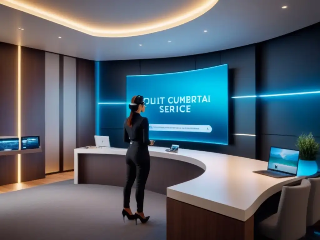 Centro de atención al cliente del futuro en la industria inmobiliaria Futurista centro de atención al cliente inmobiliario con IA, chatbots, realidad virtual y hologramas