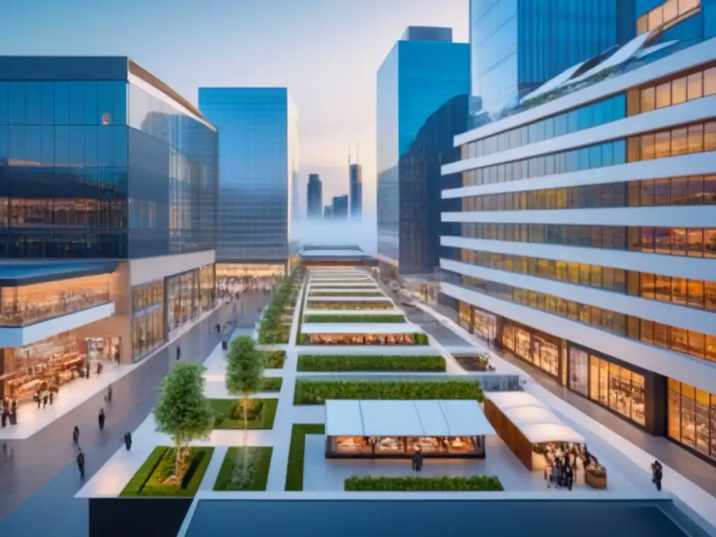 Centro comercial futurista en 2023: modernidad y prosperidad urbana Visión futurista de un centro comercial rentable en 2023 con arquitectura innovadora y tecnología avanzada