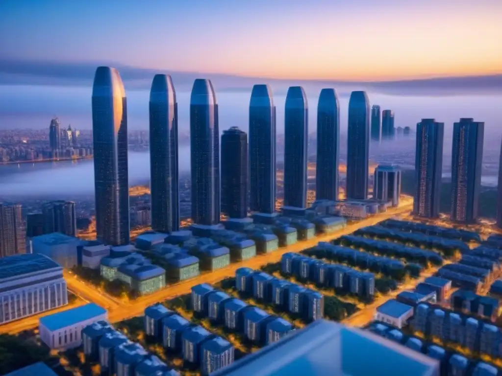 Realidad virtual y drones en el mercado inmobiliario del futuro Futurista ciudad con arquitectura automatizada y realidades virtuales en el sector inmobiliario