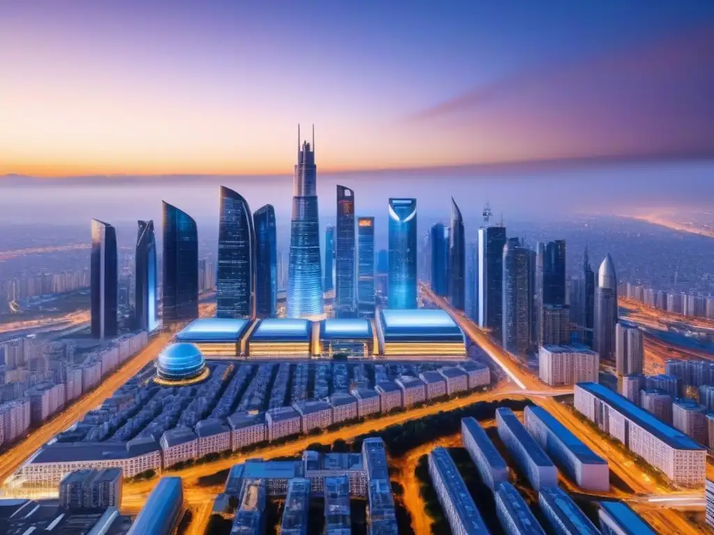 Innovación inmobiliaria: skyline futurista y AI de vanguardia Futurista ciudad al atardecer con IA y análisis de mercado inmobiliario