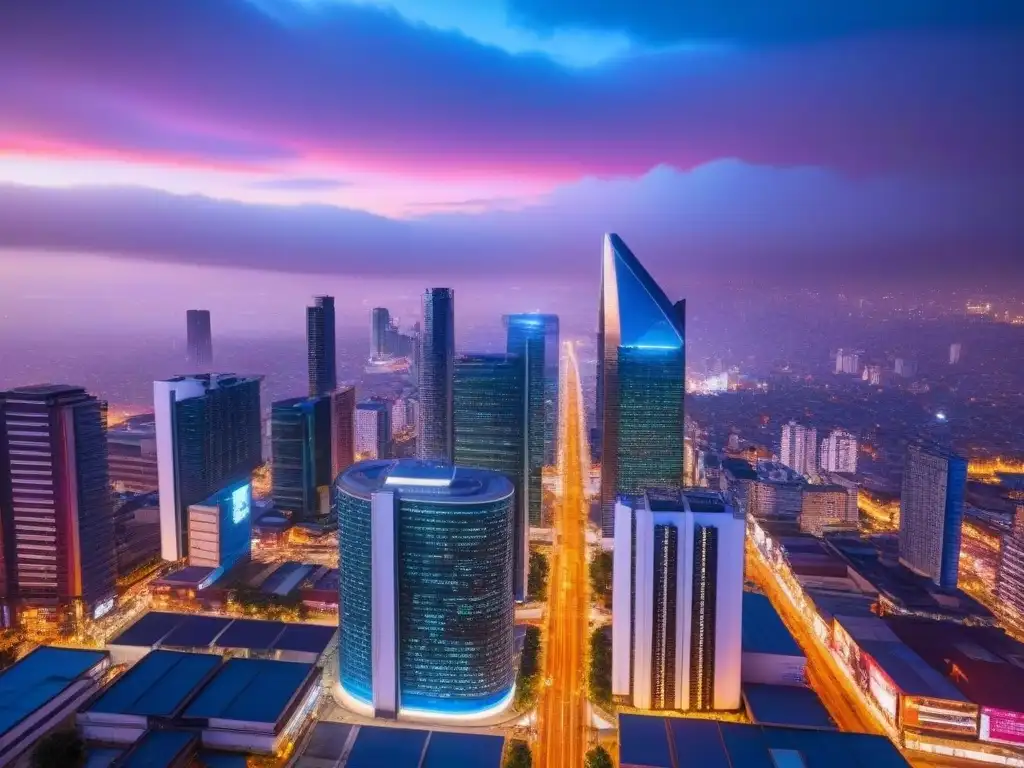 Horizonte futurista de la Ciudad de México: tecnología inteligente en inmuebles Futurista ciudad de México al atardecer, con rascacielos tecnológicos y luces neón, reflejando la tecnología en mercado inmobiliario México