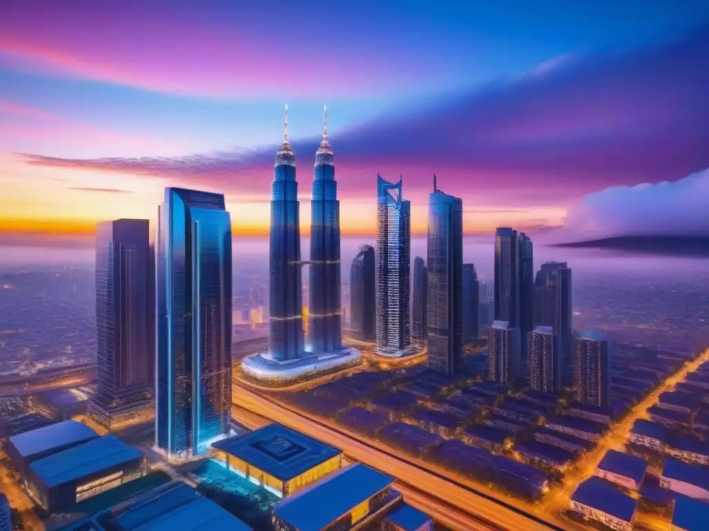 Metrópolis del futuro: innovación y automatización en bienes raíces Futurista ciudad al atardecer con rascacielos innovadores iluminados