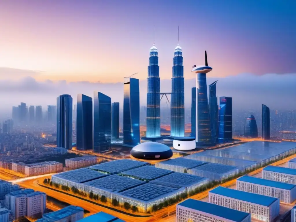Metrópolis futurista con IA en el sector inmobiliario Futurista ciudad al atardecer con rascacielos y sistemas de vigilancia IA integrados