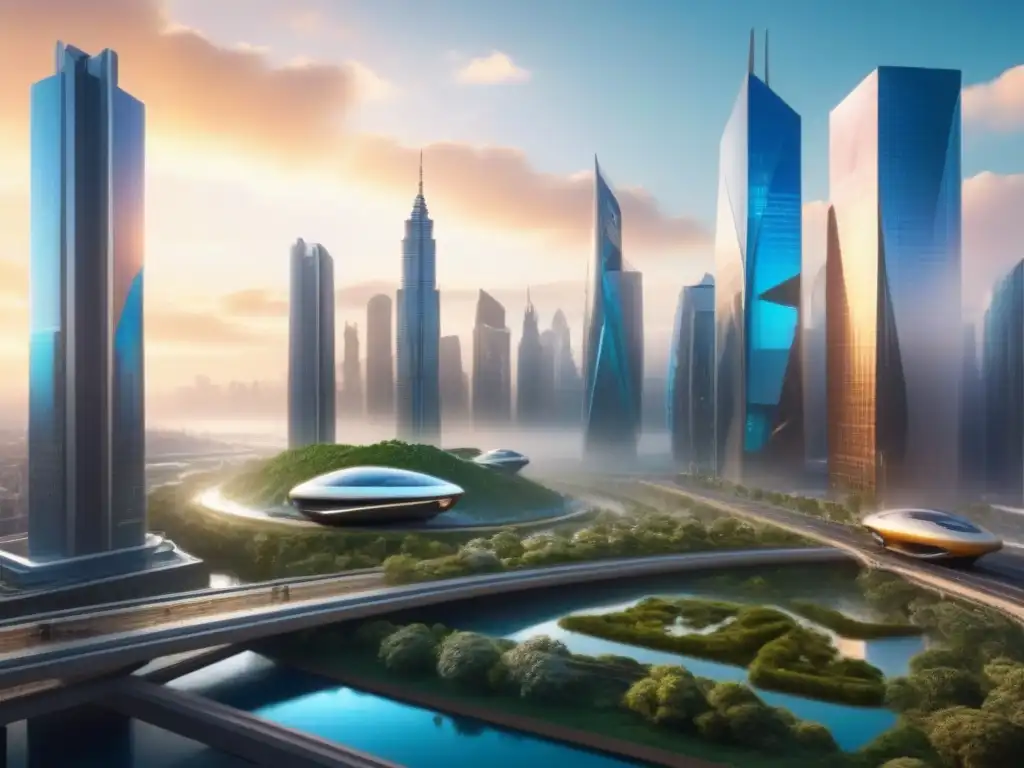 Cityscape futurista: armonía entre tecnología, naturaleza y cultura Futurista ciudad al atardecer con rascacielos, autos voladores y jardines verticales, mostrando la evolución urbanismo impacto cultura regional