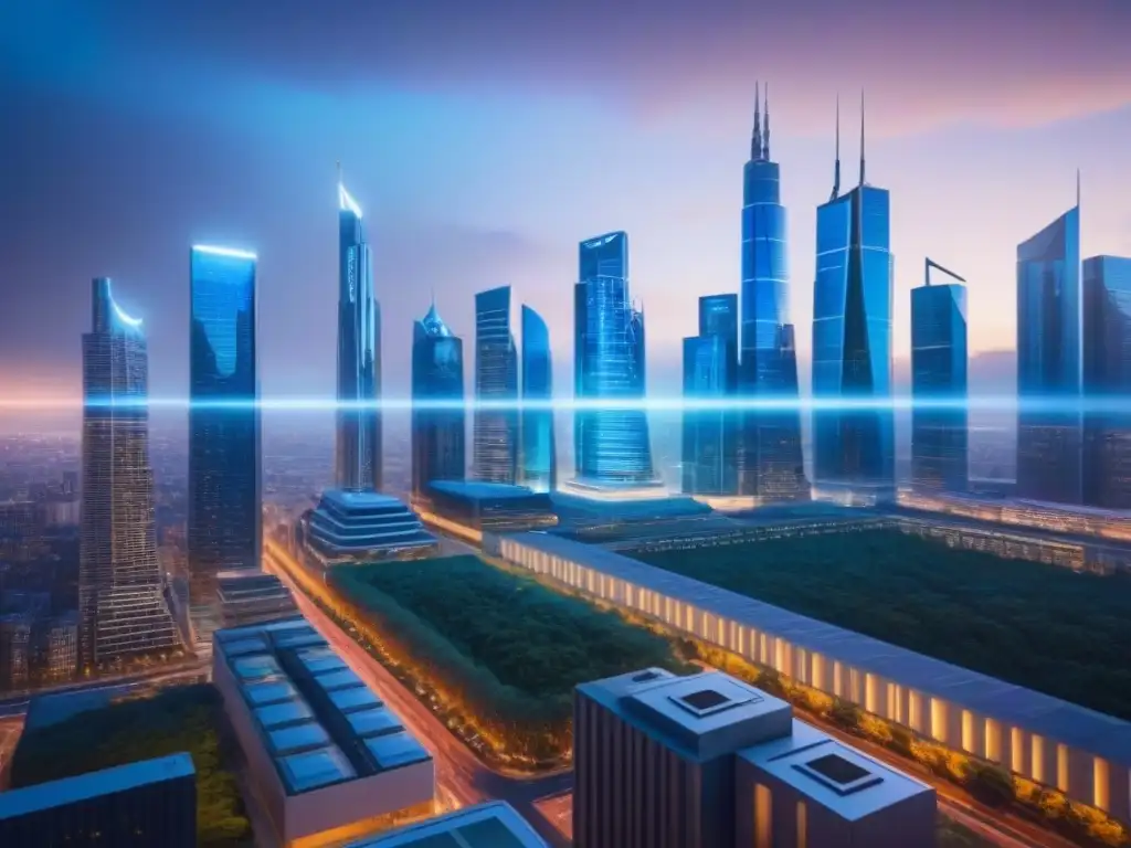 Metropolis futurista: oficina legal inmobiliaria digitalizada Futurista ciudad digital con rascacielos y abogados, refleja beneficios digitalización servicios legales inmobiliarios