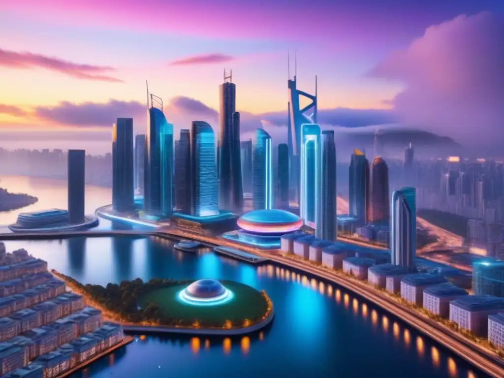 Metrópolis futurista: luces neón y tecnología avanzada en la noche Futurista ciudad con herramientas de valoración de propiedades en tiempo real