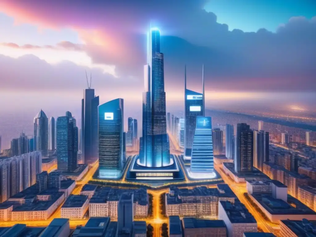 Metrópolis futurista: IA revoluciona precios inmobiliarios Una futurista ciudad iluminada por etiquetas de precios flotantes, integrando la inteligencia artificial en fijar precios inmobiliarios