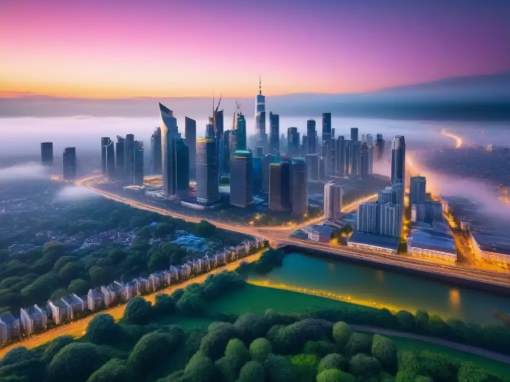 Metrópolis moderna: luces y arquitectura futurista al anochecer 'Futurista ciudad iluminada al anochecer, con rascacielos y luces coloridas