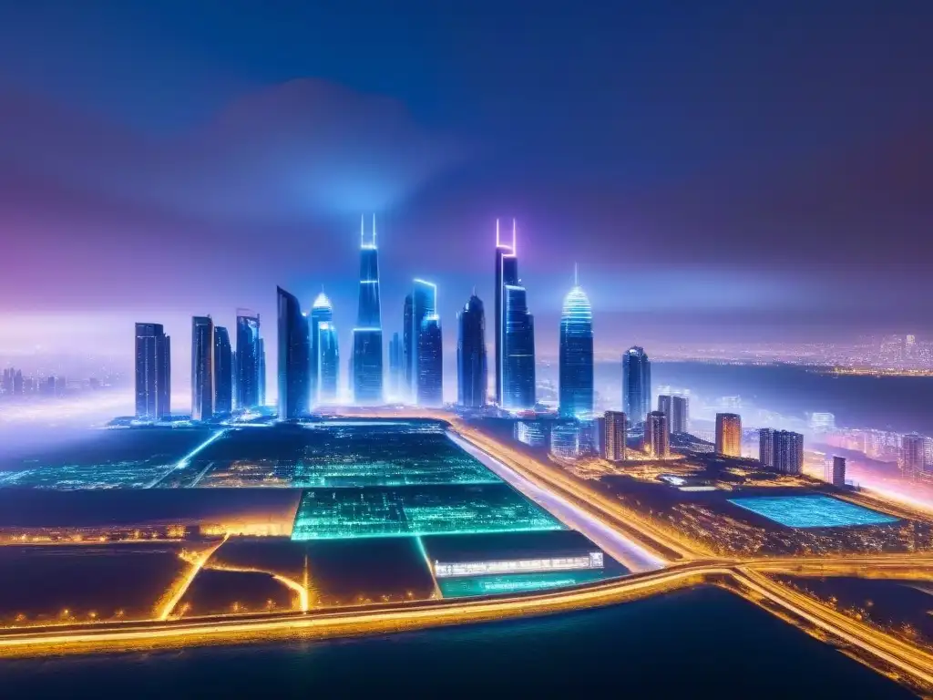 Skyline futurista: ciudad innovadora en 8k Futurista ciudad iluminada con rascacielos y tecnología avanzada, reflejando innovación y progreso