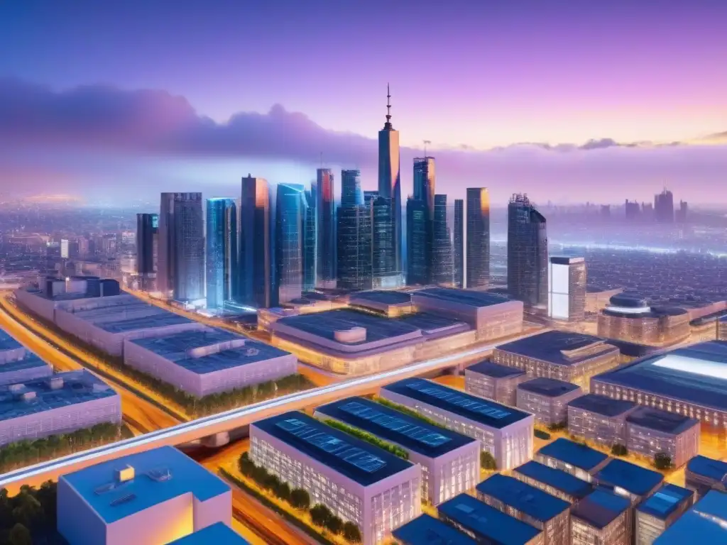 Futurista ciudad 8k con smart buildings y drones Futurista ciudad con tecnología preservación infraestructuras éxito, edificios inteligentes, drones y vehículos autónomos al anochecer