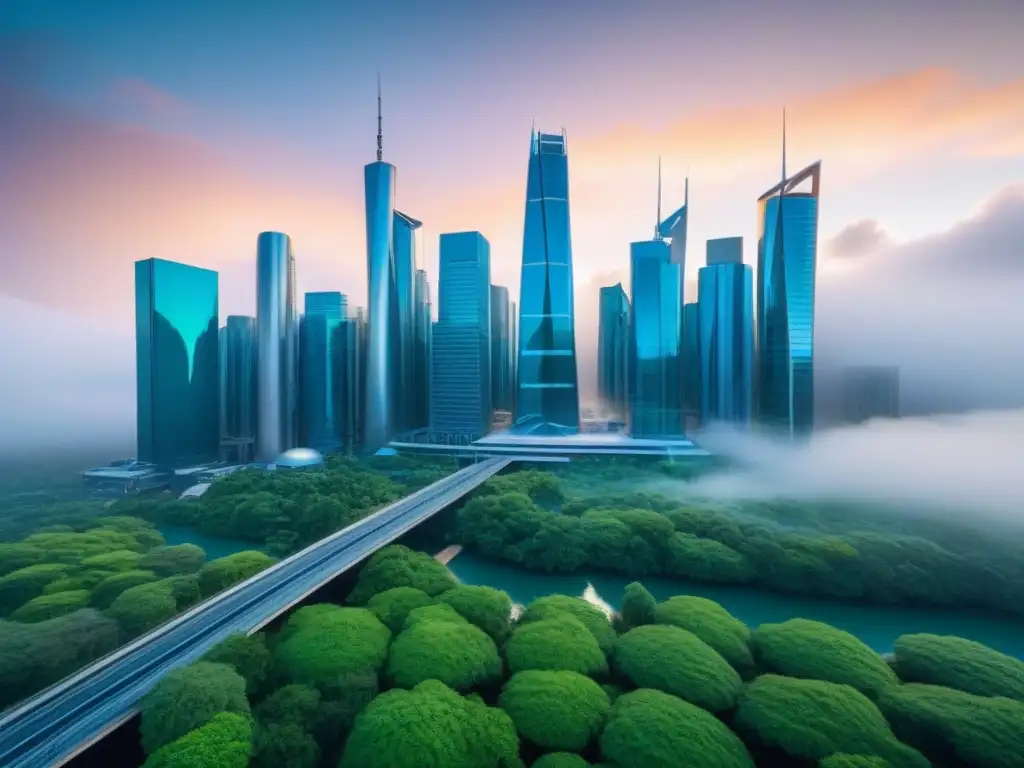Skyline futurista: inversión en ETFs inmobiliarios Futurista ciudad ETFs inmobiliarios estrategias inversión avanzadas: rascacielos vidrio, verdor y tecnología