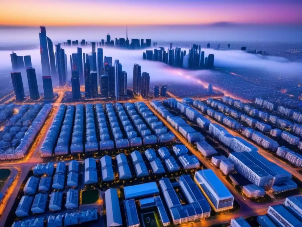 Futurista ciudad inteligente con tecnología AI avanzada y drones Futurista ciudad inteligente con IA en valoraciones inmobiliarias, drones recopilando datos y análisis de propiedades