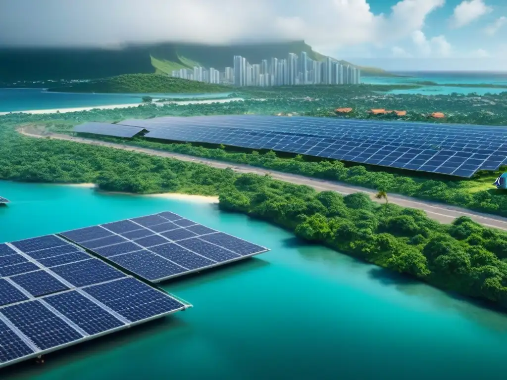 Smart city sostenible 8k en el Caribe: fusión de tradición y tecnología Futurista ciudad inteligente en el Caribe con tecnologías avanzadas y diseño sostenible