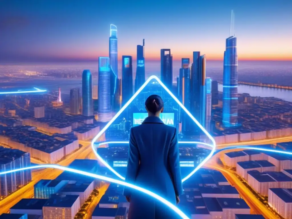 Metrópolis futurista: IA y leyes inmobiliarias Futurista ciudad interconectada por redes de datos brillantes, reflejando la Integración de la Inteligencia Artificial en Legislación Inmobiliaria