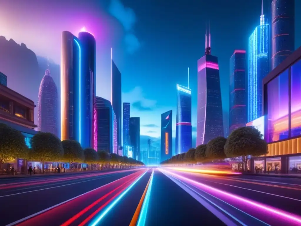 Metrópolis futurista: luces neón y arquitectura avanzada en 8K Futurista ciudad nocturna con IA en valoración inmobiliaria, luces neón y arquitectura avanzada