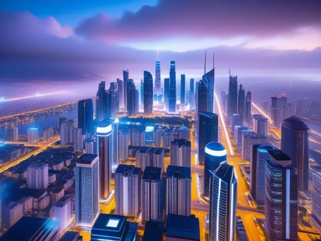Metrópolis futurista: IA revoluciona inversión inmobiliaria Futurista ciudad nocturna con Inteligencia Artificial en Financiación Inmobiliaria