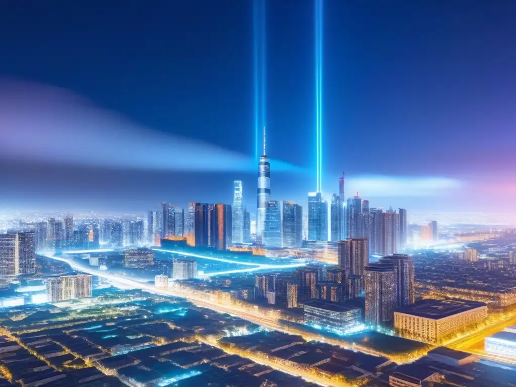 Metrópolis Futurista: Big Data en el Mercado Inmobiliario Futurista ciudad nocturna con rascacielos iluminados y datos, reflejando la predicción de fluctuaciones en el mercado inmobiliario