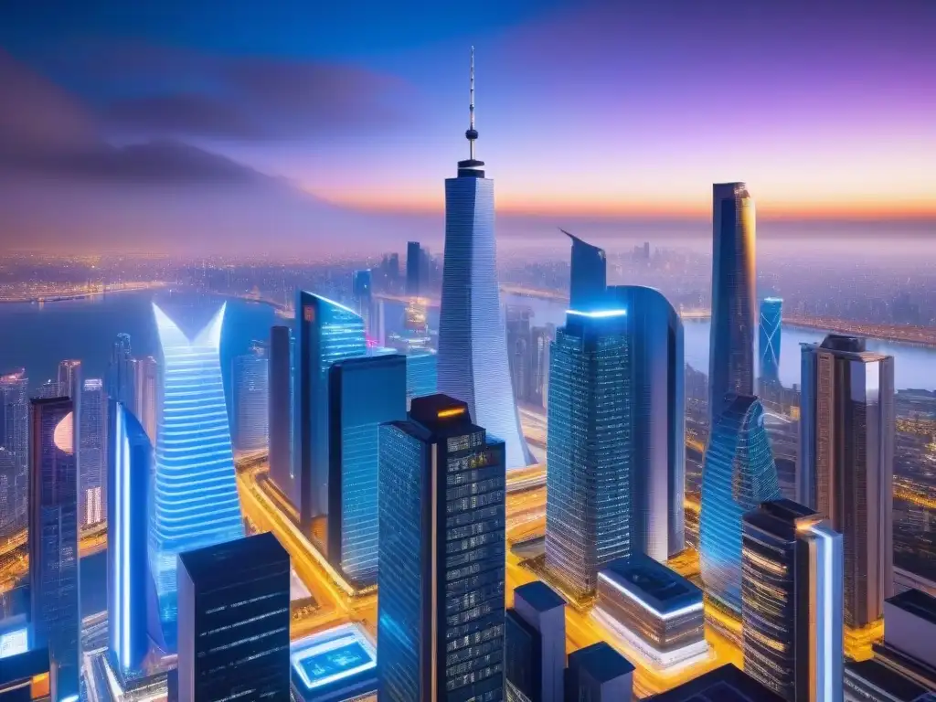 Metrópolis futurista: luces vibrantes y tecnología avanzada Futurista ciudad nocturna con rascacielos iluminados y hologramas en el aire