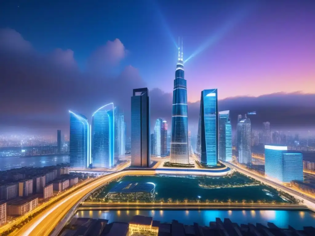 Metrópolis futurista: integración de créditos derivados en bienes raíces Futurista ciudad nocturna con rascacielos iluminados y tecnología avanzada, gráficos financieros holográficos sobre edificios