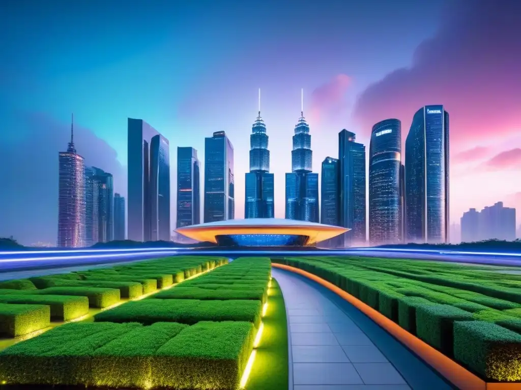 Skyline futurista: ciudad de cristal y acero en armonía con la naturaleza Futurista ciudad nocturna con rascacielos de vidrio y acero, luces coloridas y puentes, ideal para estrategias de salida inversor inmobiliario