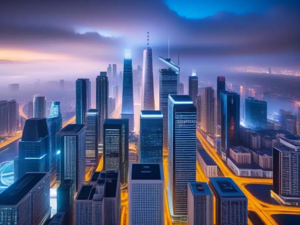 Metrópolis futurista: inversión inmobiliaria en tiempo real Futurista ciudad nocturna con rascacielos iluminados y pantallas digitales, reflejando modelos predictivos en inversión inmobiliaria