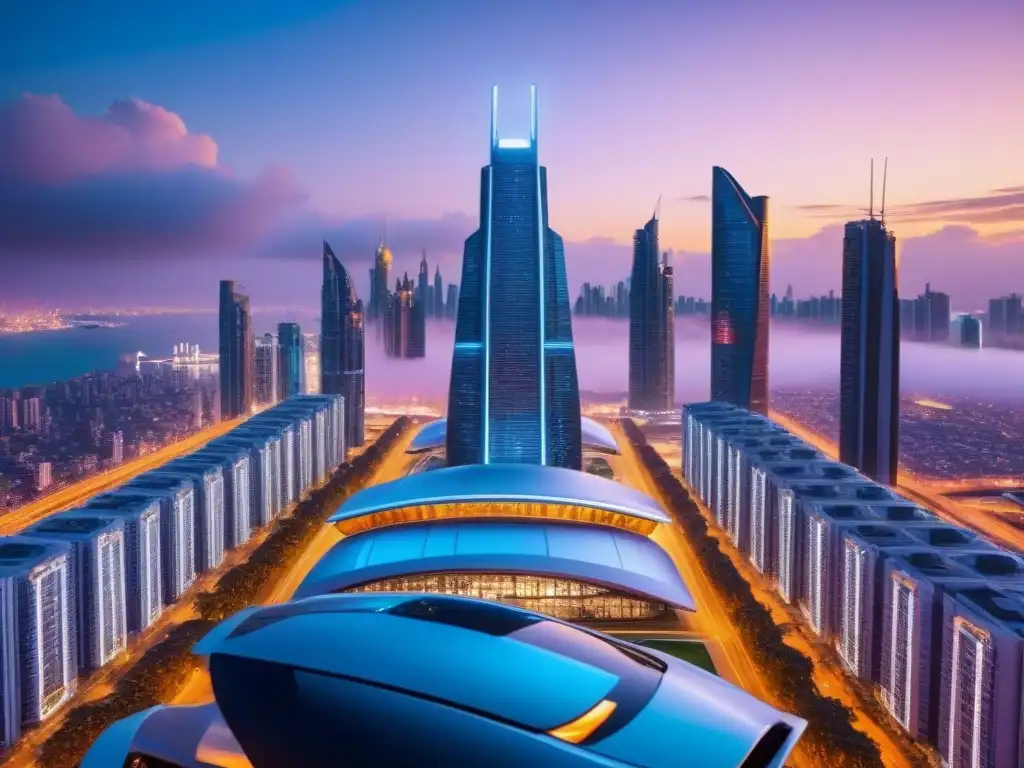 Metrópolis futurista en 8k: lujo y tecnología en el horizonte urbano Futurista ciudad nocturna con rascacielos modernos y tecnología avanzada, reflejando progreso y lujo en mercados emergentes inusuales propiedades lujo