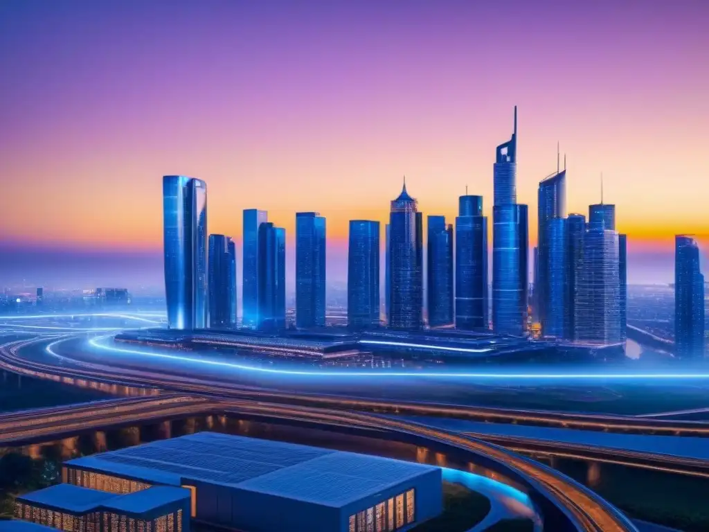 Metrópolis futurista: Integración de big data y IA en bienes raíces Futurista ciudad nocturna con rascacielos iluminados y sistemas de transporte avanzados, bajo un cielo estrellado con hologramas de datos