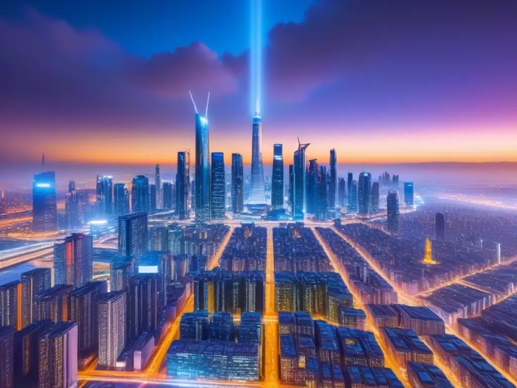Metrópolis futurista nocturna con tecnología avanzada Futurista ciudad nocturna con rascacielos iluminados y tecnología avanzada
