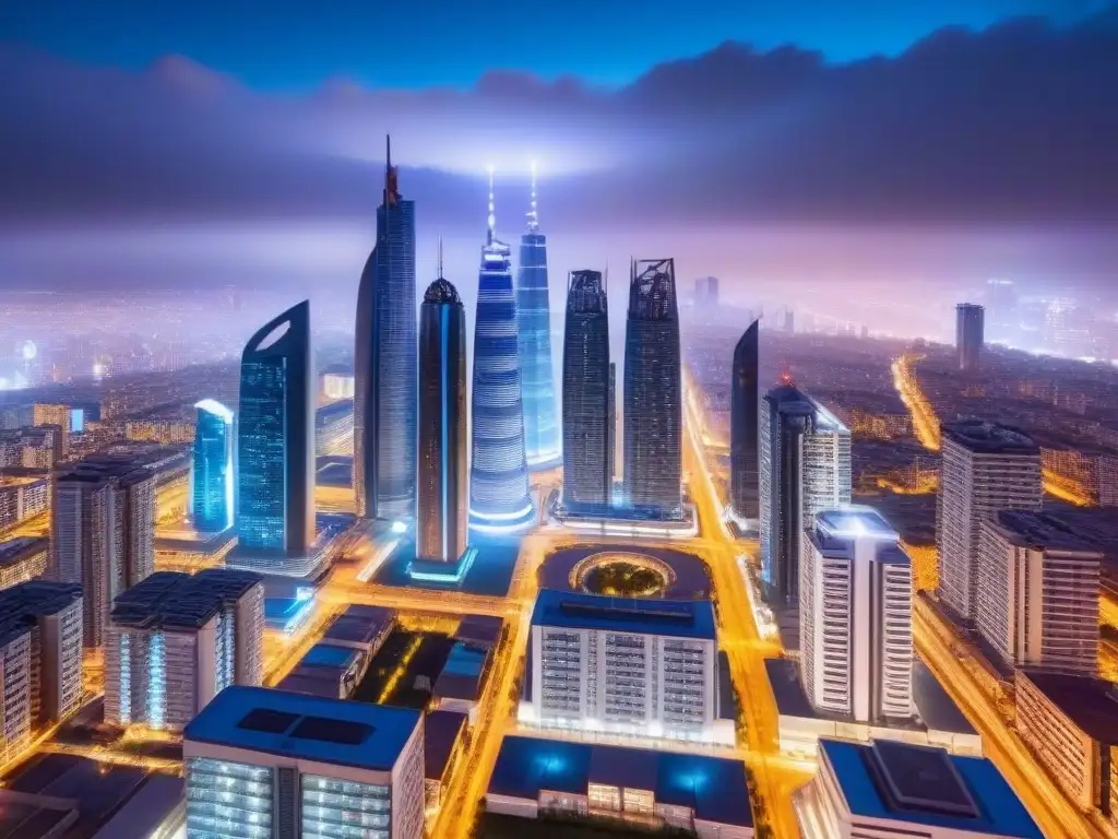 Metrópolis futurista: Avances tecnológicos en bienes raíces en España Futurista ciudad nocturna con rascacielos iluminados y tecnología avanzada, mostrando impacto tecnologías emergentes mercado inmobiliario