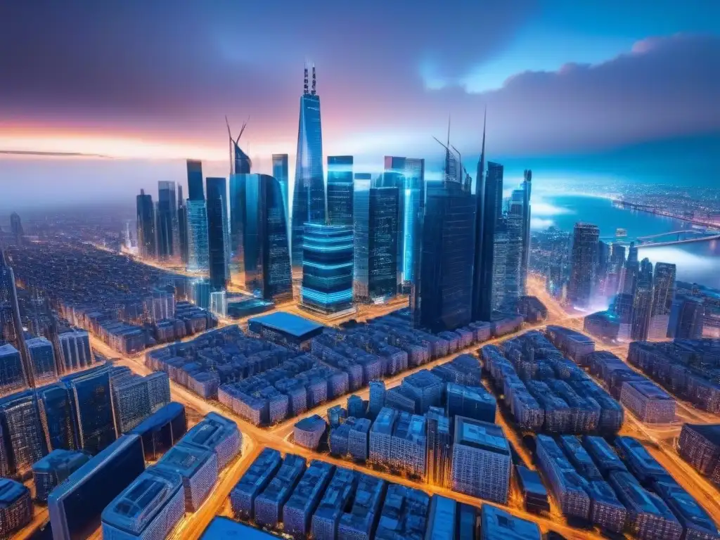Metrópolis futurista con evaluaciones inmobiliarias en tiempo real Futurista ciudad con pantallas digitales integradas en la arquitectura, profesionales analizando información en hologramas