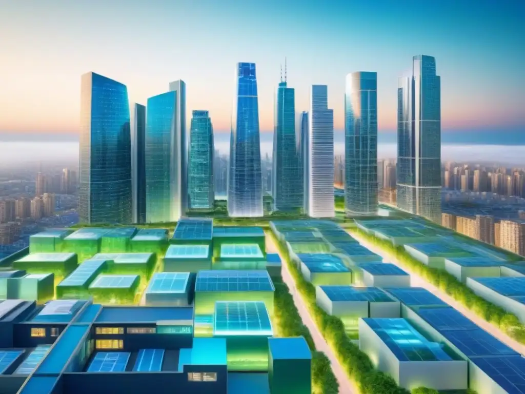 Metrópolis futurista ética: transparencia en bienes raíces Futurista ciudad con prácticas éticas en la inmobiliaria, mostrando transparencia y sostenibilidad