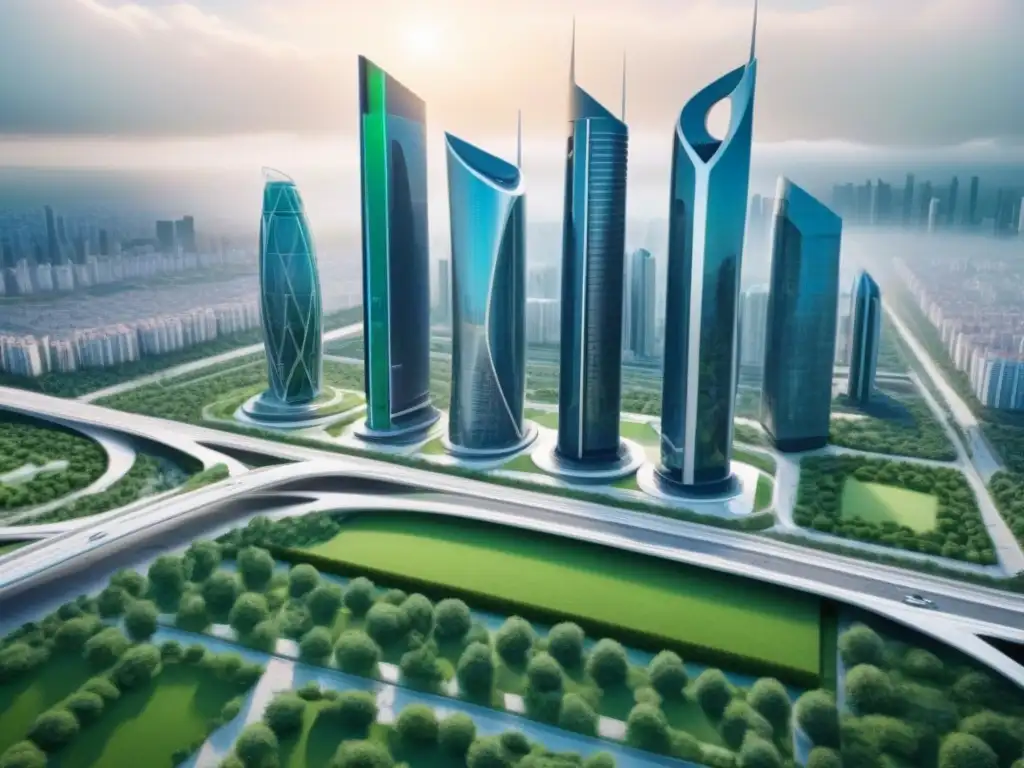 Metrópolis futurista: Integración perfecta de IA en urbanismo Futurista ciudad con rascacielos AI y drones, ejemplo de Inteligencia Artificial en valoración inmobiliaria