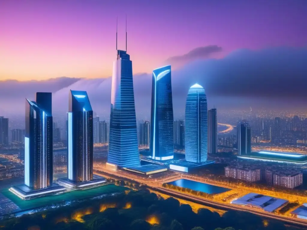Metrópolis futurista: Valor inmobiliario en tiempo real Futurista ciudad al anochecer, con rascacielos brillantes y herramientas valoración propiedades tiempo real