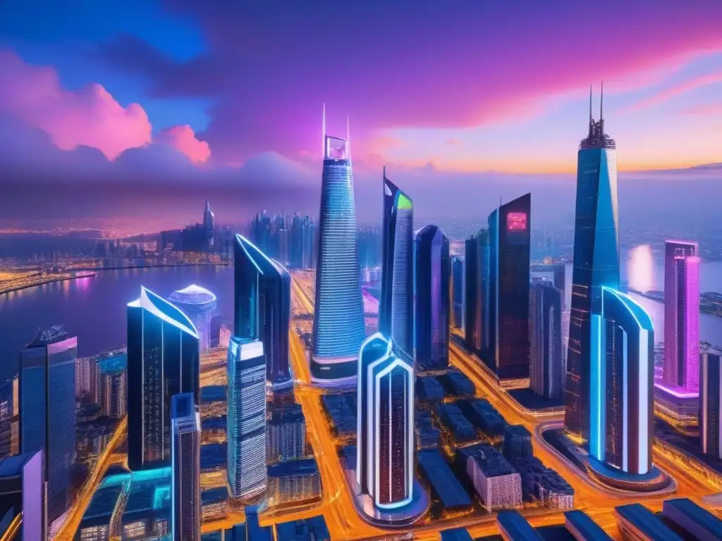 Metrópolis futurista: predicciones inmobiliarias avanzadas Futurista ciudad con rascacielos brillantes y vehículos voladores