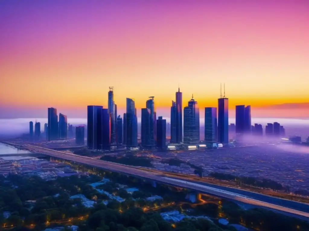 Horizonte urbano futurista: innovación inmobiliaria al atardecer Futurista ciudad con rascacielos reflejando colores vibrantes al atardecer, integrando herramientas tiempo real tasaciones inmobiliarias
